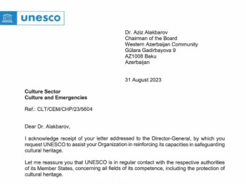 UNESCO positively responds to Western Azerbaijan Community's appeal