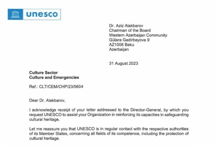 UNESCO positively responds to Western Azerbaijan Community's appeal